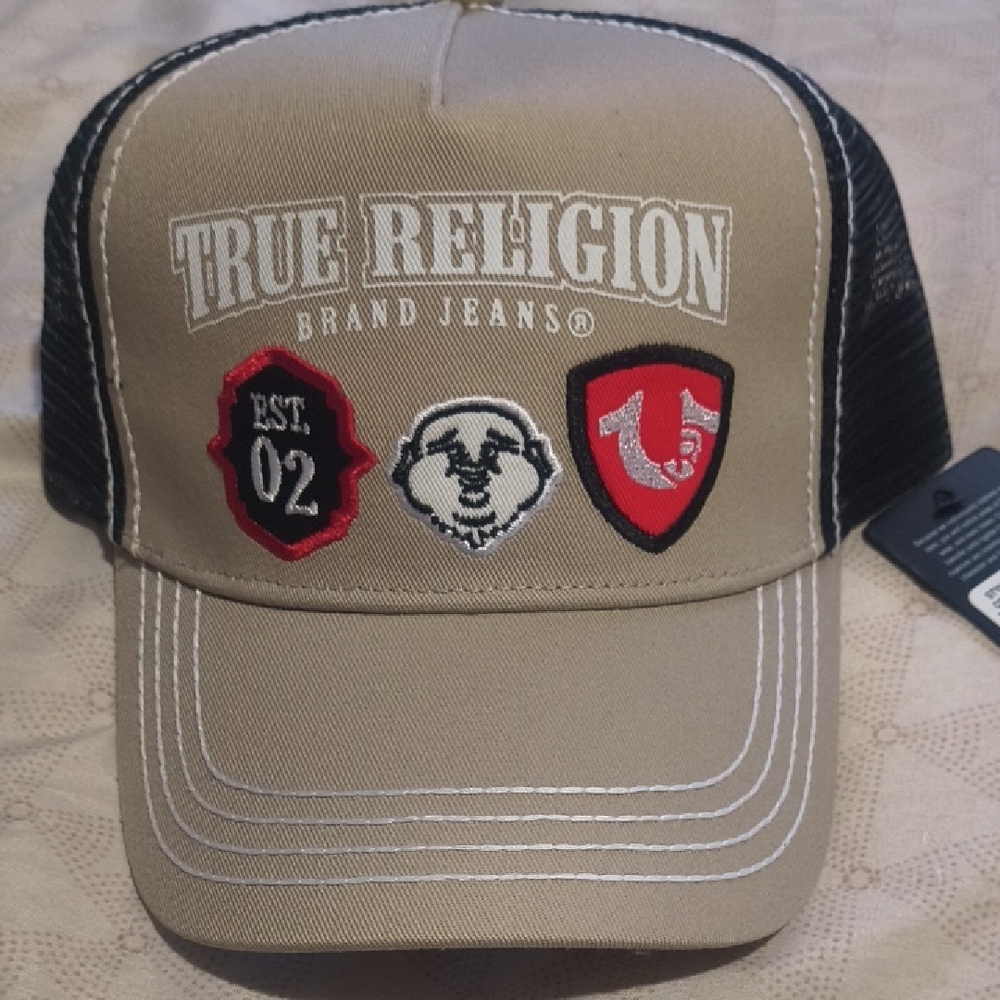True Religion Beige and Black Patch Cap